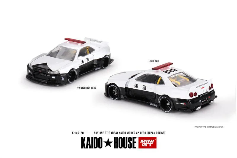 Kaido House x MINI GT 1:64 Skyline GT-R R34 Kaido Works (V2 Aero) Police Diecast Model Car