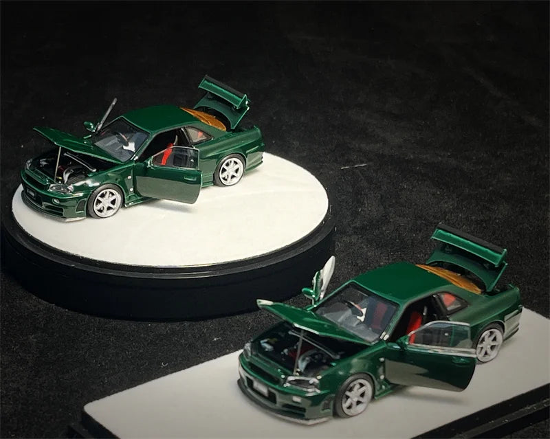 PGM 1:64 R34 Z-TUNE Green Rocket Bunny R35 Matte Black / GTR R32 Metallic Grey Diecast Model Car