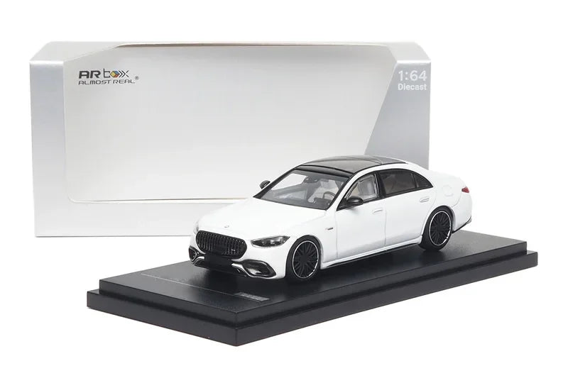 AR Box 1:64 S Class S63 E Opalith White Bright / High-Tech Silver OCollection Miniature Diecast Metal Model Car