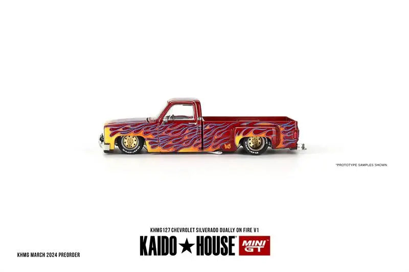 Kaido House x MINI GT 1:64 Chevrolet Silverado Dually on Fire V1 Diecast Model Car