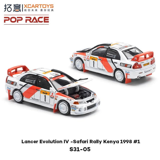 Xcartoys X Pop Race 1:64 Lancer EVO IV Safari Rally Kenya 1998 White Red RACE No.1 Diecast Model Car