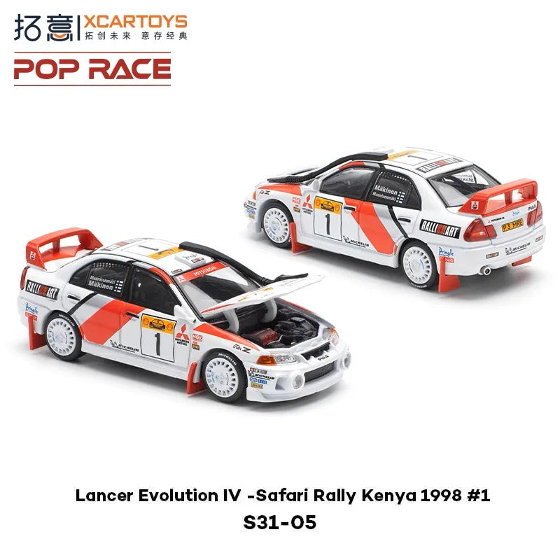 Xcartoys X Pop Race 1:64 Lancer EVO IV Safari Rally Kenya 1998 White Red RACE No.1 Diecast Model Car