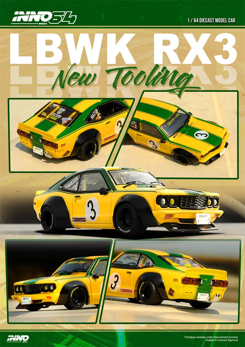 INNO 1:64 LBWK MAZDA RX3 SAVANNA#3 YellowGreen Diecast Model Car