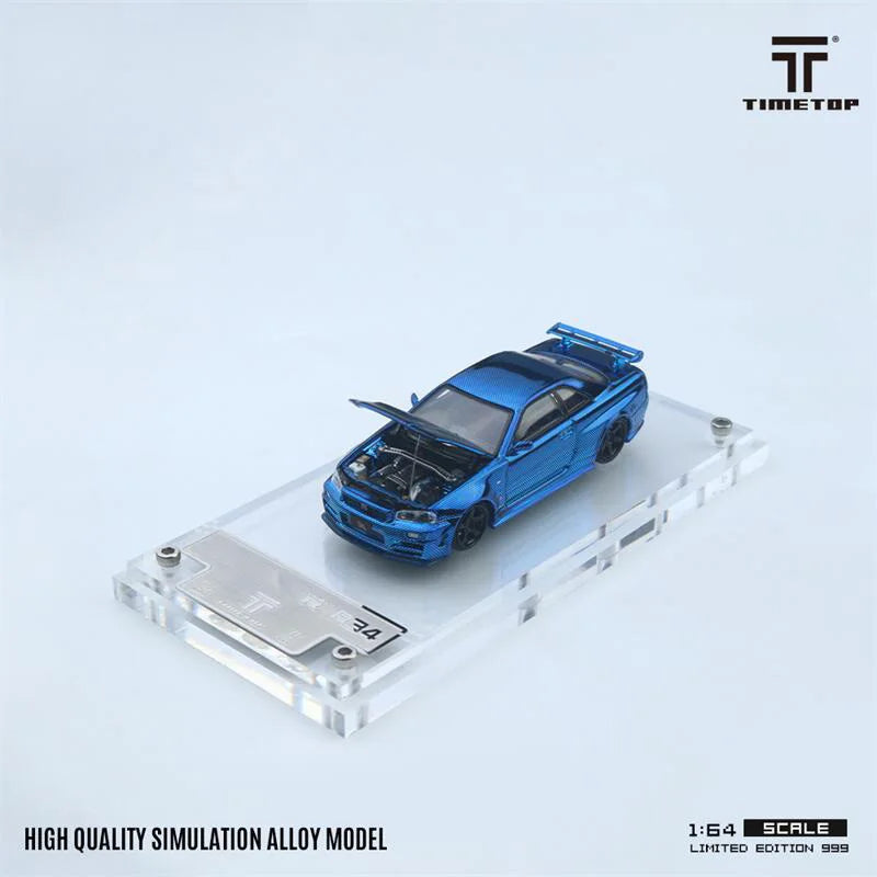 TimeTop 1:64 GTR34 Chrome Blue Carbon limited999 Diecast Model Car