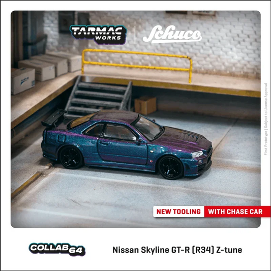 Tarmac Works x Schuco 1:64 Nissan Skyline GT-R (R34) Z-tune Midnight Purple III Diecast Model Car