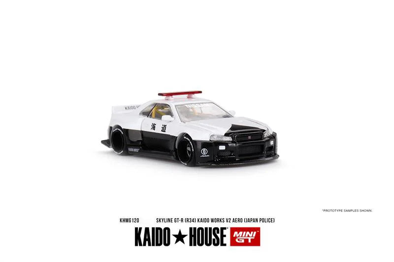 Kaido House x MINI GT 1:64 Skyline GT-R R34 Kaido Works (V2 Aero) Police Diecast Model Car