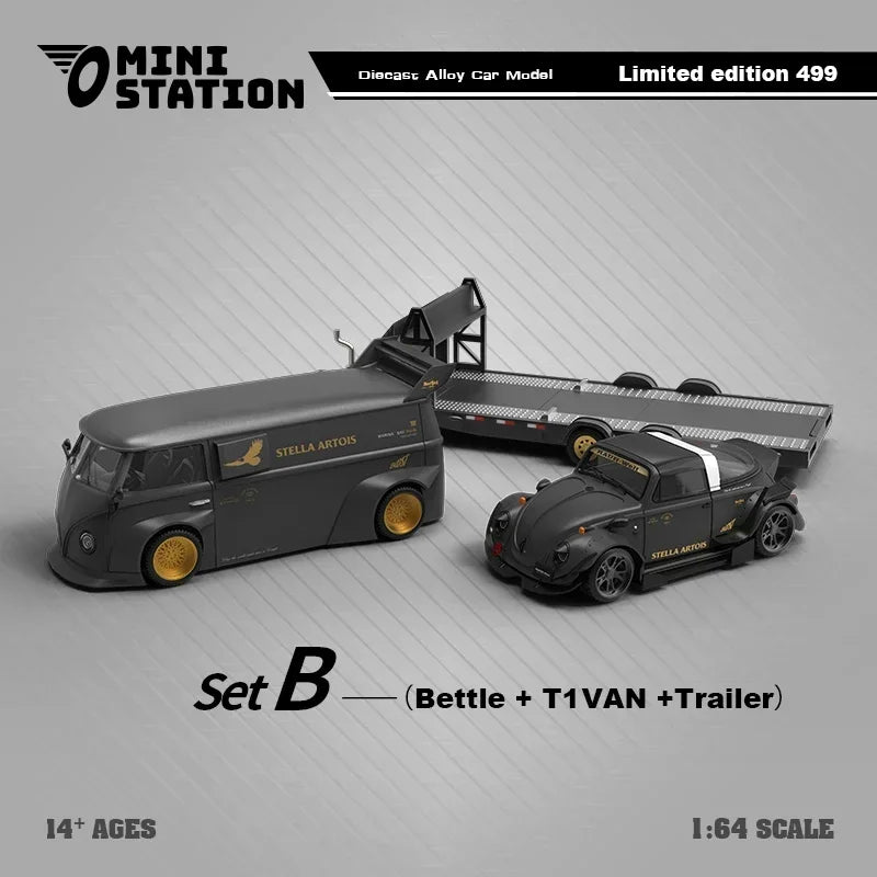 Mini Station  1:64 RWB & T1 Van Stella Artois Matte Black w/Trailer Set A / B limited499 Diecast Model Car