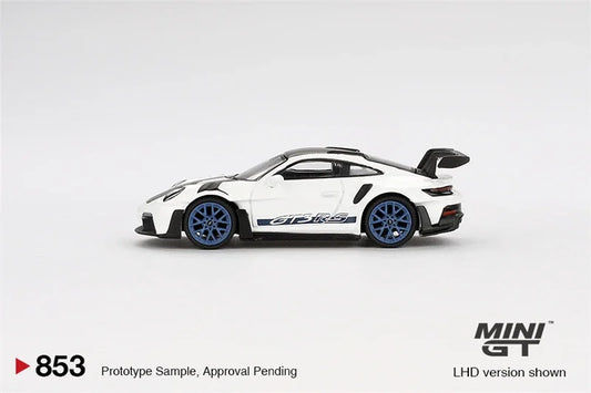 **Pre-Order** MINI GT 1:64 911 (992) GT3 RS Weissach Package White with Indigo Blue LHD Diecast Model Car