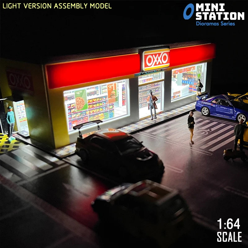 Mini Station  1:64 Led lights Dioramas shop with parking OXXO