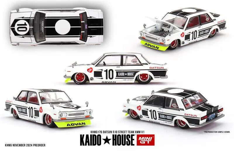 Kaido House x MINI GT 1:64 Datsun 510 Street Team XMM V1 White Collection Miniature DieCast Model Car