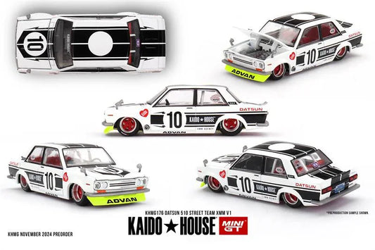 Kaido House x MINI GT 1:64 Datsun 510 Street Team XMM V1 White Collection Miniature DieCast Model Car