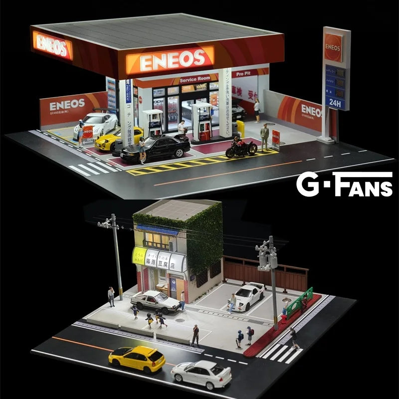 G FANS 1:64 Dioramas Initial D Tofu Store ENEOS Gas Station Building Parking Lot (Not include Model Car & Figures)