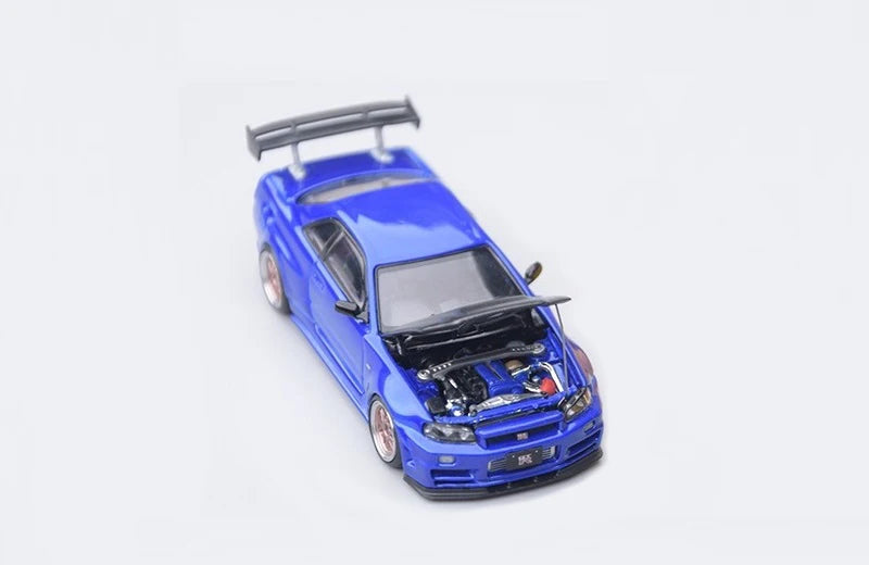 Focal Horizon FH 1:64 Skyline R34 Z-Tune with High Wing Carbon-Hood Bayside Blue / Yellow Diecast Model Car