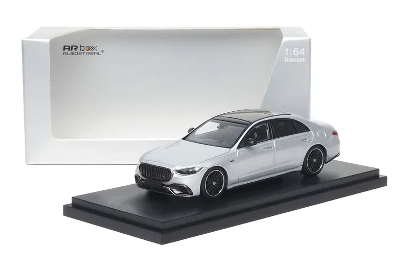 AR Box 1:64 S Class S63 E Opalith White Bright / High-Tech Silver OCollection Miniature Diecast Metal Model Car