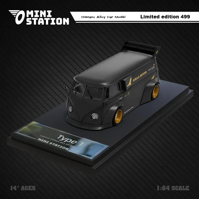 Mini Station  1:64 RWB & T1 Van Stella Artois Matte Black w/Trailer Set A / B limited499 Diecast Model Car