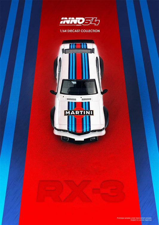 INNO 1:64 SAVANNA RX3 MARTINI RACING Livery White Stripe Diecast Model Car