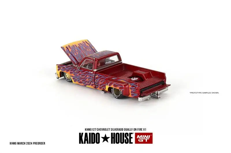 Kaido House x MINI GT 1:64 Chevrolet Silverado Dually on Fire V1 Diecast Model Car