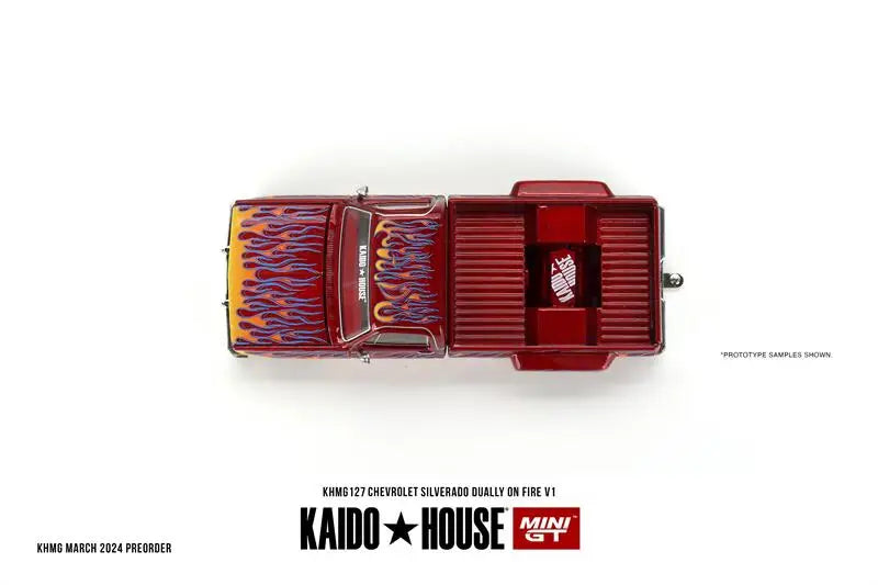 Kaido House x MINI GT 1:64 Chevrolet Silverado Dually on Fire V1 Diecast Model Car