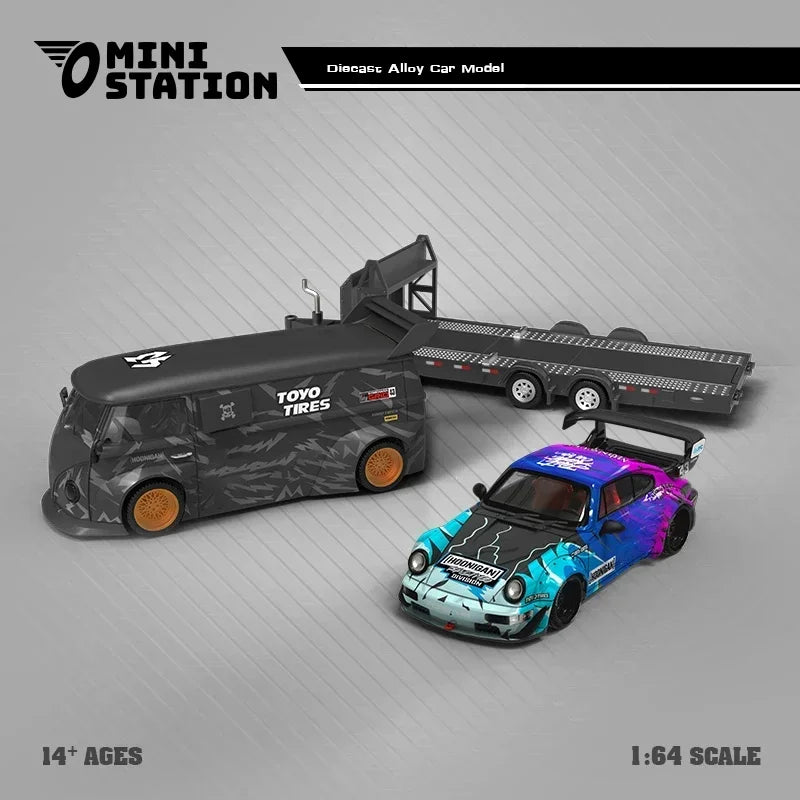 Mini Station  1:64 RWB 964 43 Ken Block  / Targa Block43 Trailer Set Diecast Model Car