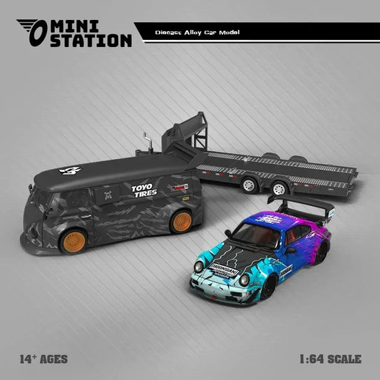 Mini Station  1:64 RWB 964 43 Ken Block  / Targa Block43 Trailer Set Diecast Model Car