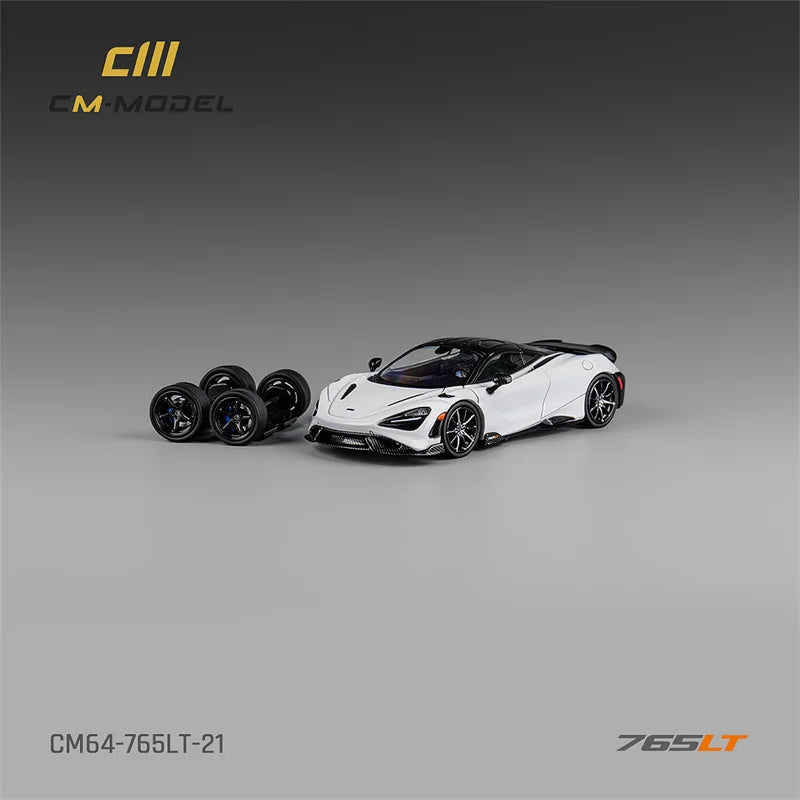 **Pre-Order** CM MODEL  1:64 765LT White with carbon hood White Diecast Model Car