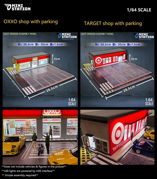 Mini Station  1:64 Led lights Dioramas shop with parking OXXO