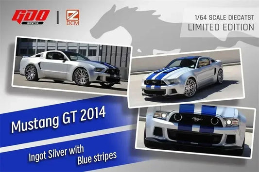 [PreSale] GDO Hunter x DCM 1:64 Mustang GT 2014 NFS Ingot Silver with Blue stripes Diecast Model Car