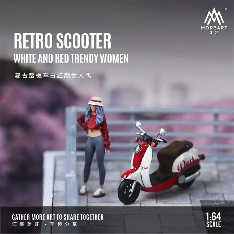 **Pre-Order** MoreArt 1:64 RETRO SCOOTER WHITE AND RED TRENDY WOMEN FIGURE SET