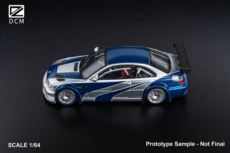 D.C.M 1:64 M3 GTR E46 Need for Speed Livery SilverBlue Scale Diecast Model Car