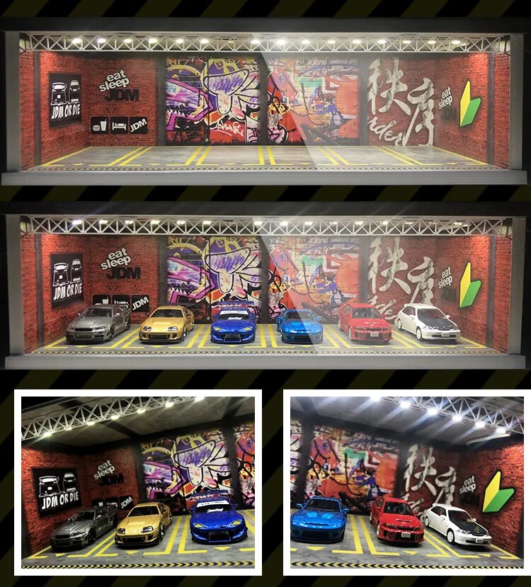 Display Cabinet Bright Scene Carport  Led Light JDM Nissan Nismo for Scale 1:64 for Model Car Diorama garage